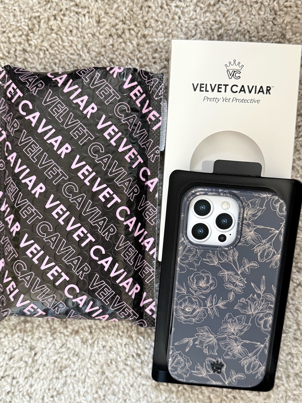 Velvet Caviar iPhone 16 Pro Max gold and black floral phone case